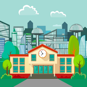 现代学校建筑物外墙，学生城市概念，小学门面城市街头背景，图标矢量图