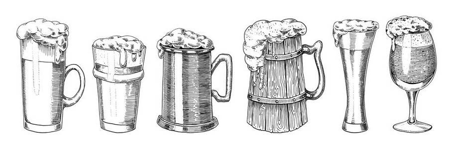 啤酒杯，马克杯或瓶的啤酒节。刻在墨手为 web 派对邀请或酒吧菜单旧素描和复古风格绘制的。白色背景上分离的设计元素