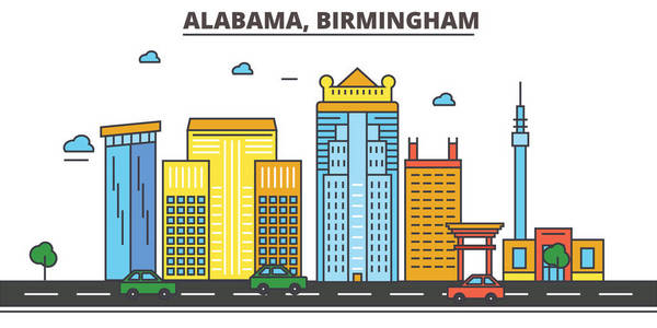 阿拉巴马州 Birmingham.City 的天际线 体系结构 建筑物 街道 剪影 风景 全景 地标。可编辑的笔画