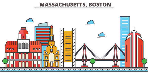 马萨诸塞州 Boston.City 的天际线 建筑 建筑 街道 剪影 风景 全景 地标 图标。可编辑的笔画。平面