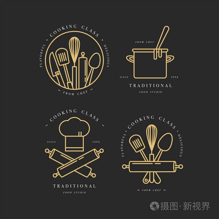 烹饪类线性设计元素, 厨房标志, 符号, 图标或食品工作室标签和徽章