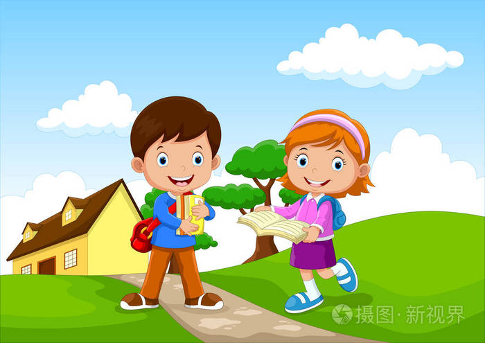 快乐的学校孩子们去上学插画-正版商用图片0z7mkg-摄