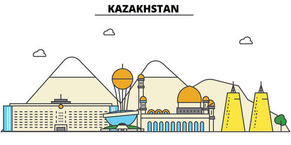 哈萨克斯坦。城市天际线 体系结构 建筑物 街道 剪影 风景 全景 地标。可编辑的笔画。平面设计线矢量图的概念。孤立