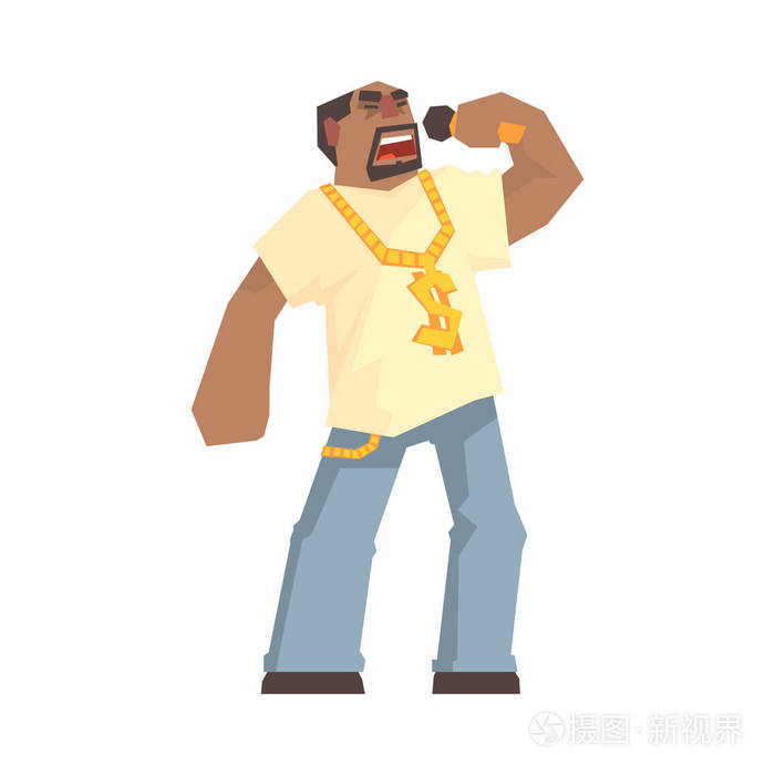 非洲男歌手字符拿着麦克风,嘻哈说唱歌手卡通矢量图