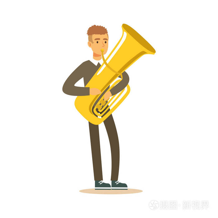 音乐家男人穿着经典适合演奏圆号,古典音乐性能矢量图