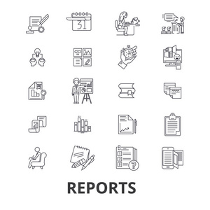 报告 文件 分析 纸 数据管理 新闻，图表线图标。可编辑的笔画。平面设计矢量图符号的概念。线性孤立的迹象