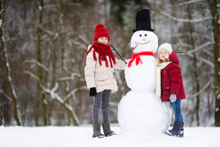 两个小女孩与雪人