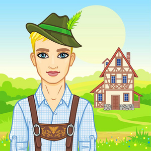 动画的欧洲出现在古代的巴伐利亚衣服的年轻男子。背景夏日风景，老房子。童话故事中的人物 卡 海报 打印 矢量图