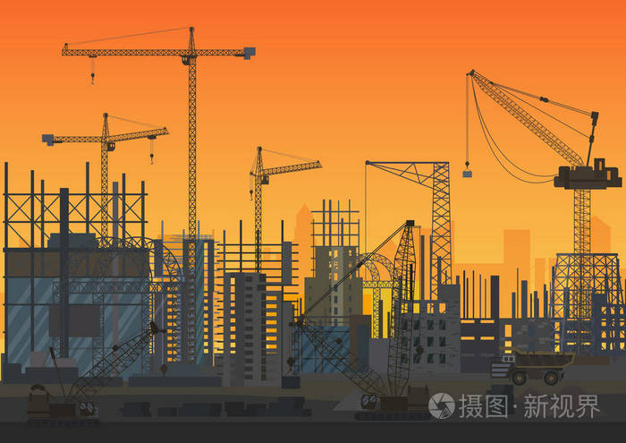 插画 建筑天际线下施工落日下的剪影.web 站点的新的城市外部的头.