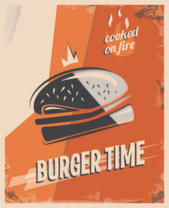 与牛肉汉堡的复古海报。餐厅的概念和设计。复古风格背景。插图
