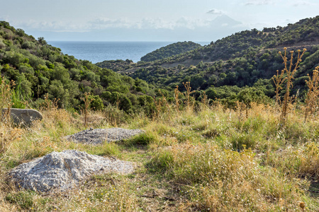 果阿海滩上遮阳伞和半岛，Chalkidiki，中央马其顿的全景视图