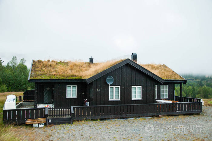 传统的挪威木屋里站在草坪和山在背景上典型的挪威的房子典型的挪威