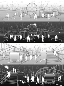 城市交通基础设施全景套。现代的建筑。未来城市的插图。人们走在街上。夜晚的小镇。人行天桥。白色和灰色的线。矢量设计艺术