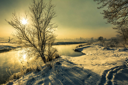 冬季河流景观，喜怒无常风光与早晨阳光反射在水中