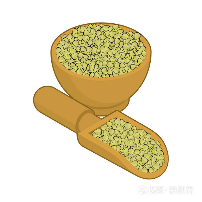 在木碗和勺子的原料荞麦.粗木盘子里的,插画-正版商用