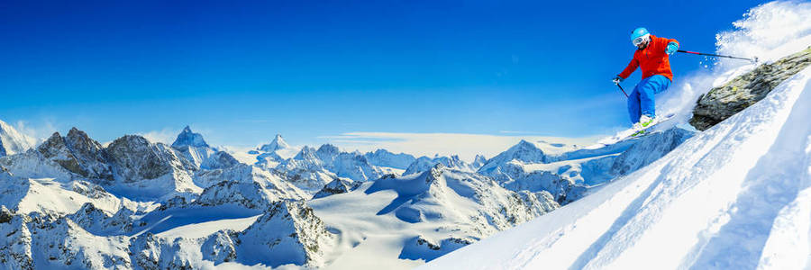 滑雪与瑞士著名的山脉美丽风景