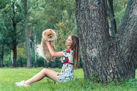 一个女孩走着一个公园，一只狗。博美犬施皮茨