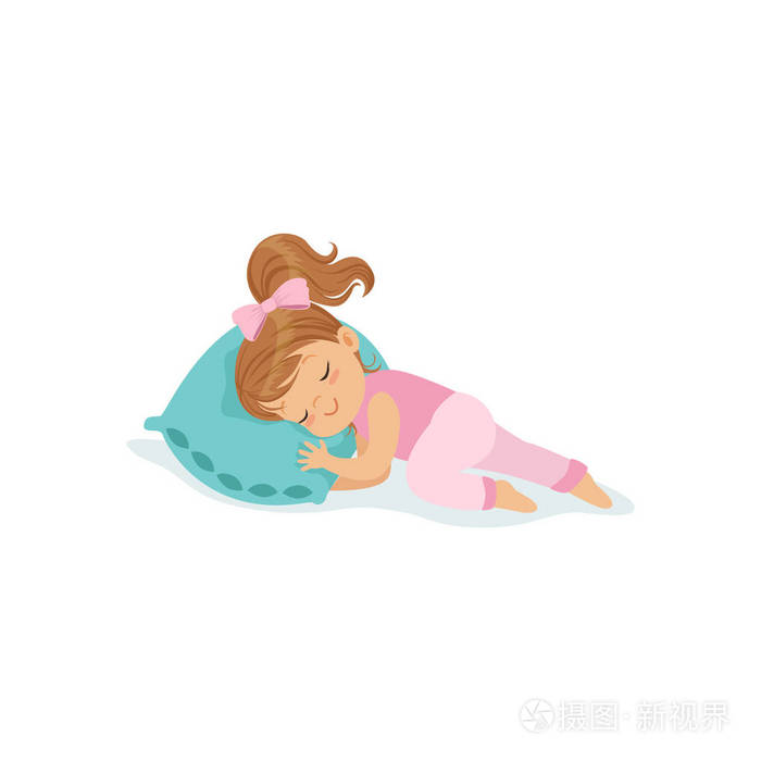 可爱的小女孩睡在她床上的卡通人物矢量图