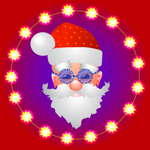 红色背景与圣诞老人在夜光眼镜。圣诞假期插图。明亮的颜色插图