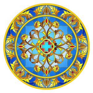 在彩色玻璃风格，圆用花卉装饰品和漩涡的镜像图