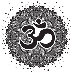 Dawali 精神签署 Om 高详细的圆坛。黑色和白色美丽矢量艺术。打印 纹身元素 瑜伽 纺织品。亚洲，印度，泰国。精神，