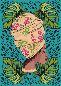与非洲裔美国女人画像的海报，龟背竹叶和描边