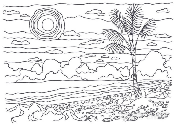 为儿童和成人的彩绘书。自然图像。山水画。着色的想法。山脉。海岸、 石头、 沙子、 棕榈树、 阳光、 天空、 云、 大海、 水