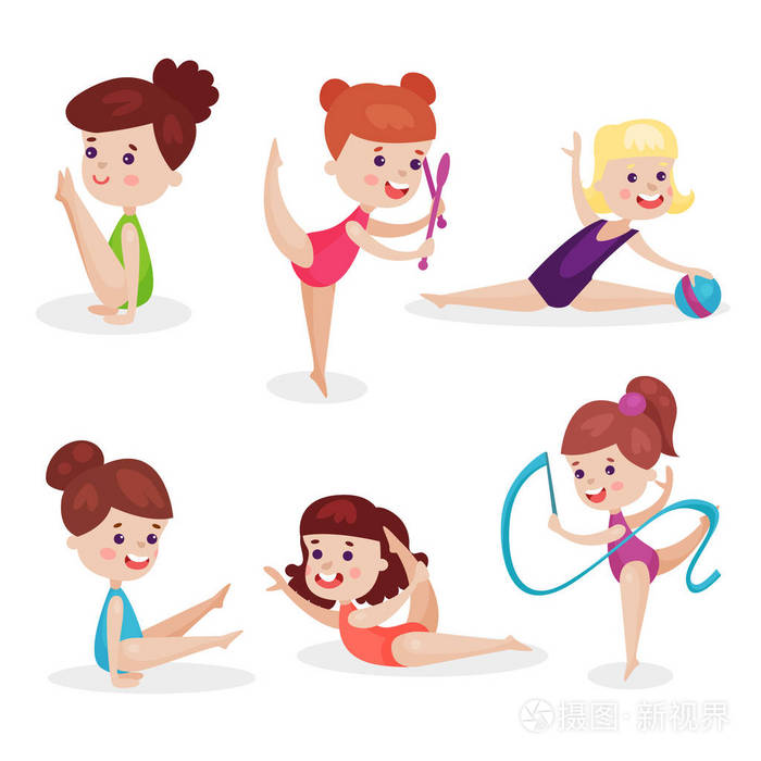 可爱的美丽小女孩表演体操集少儿体操运动员行使丝带球和俱乐部多彩