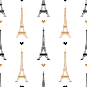 简单的无缝背景与白色背景上的金色塔剪影。矢量。白色背景上孤立的剪影埃菲尔铁塔巴黎，法国