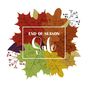 你好 9 月落叶的秋天出售文本海报或秋天的树叶的枫 橡木橡子 榆树购物销售设计或促销海报和帧单张或 web 横幅