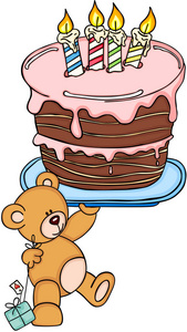 泰迪熊抱着大的生日蛋糕