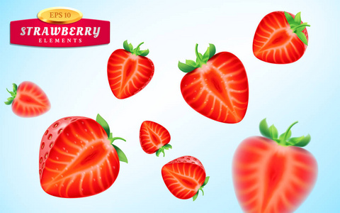 草莓套详细现实成熟多汁两半的草莓浆果绿色的叶子与水滴分离在蓝色背景上
