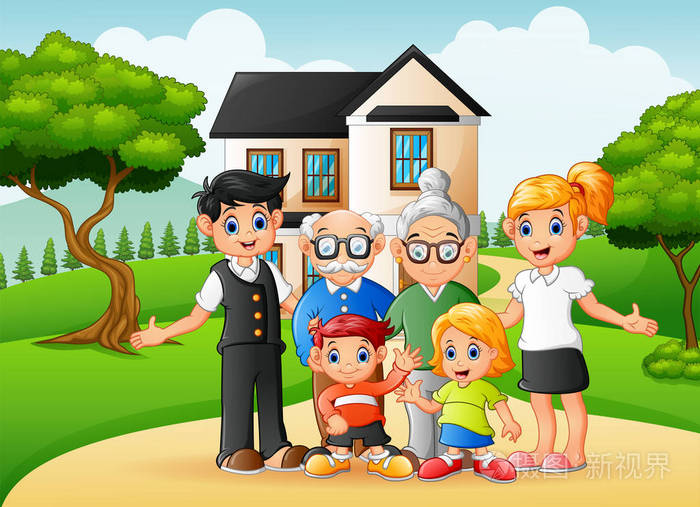 卡通幸福家庭成员在前院的房子