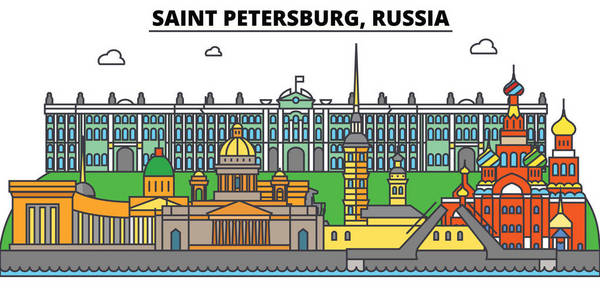 俄罗斯，圣彼得堡。城市天际线 建筑 建筑 街道 剪影 风景 全景 地标。可编辑的笔画。平面设计线矢量图的概念。孤立
