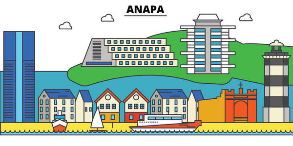 俄罗斯，纳帕，黑海。城市天际线 建筑 建筑 街道 剪影 风景 全景 地标。可编辑的笔画。平面设计线矢量图的概念。孤