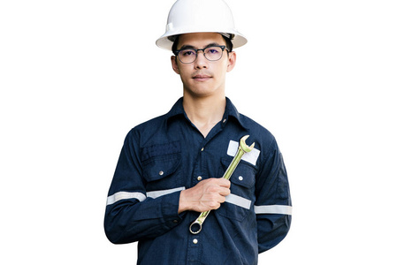 亚洲人，工程师或技术员在白色头盔 眼镜和 bl