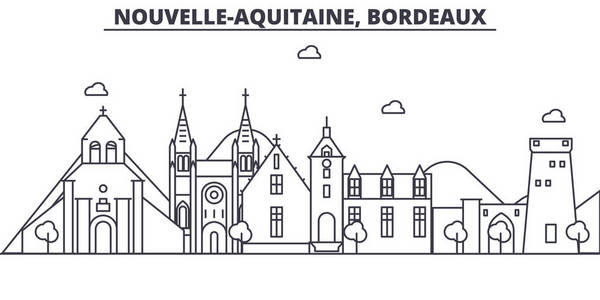 法国波尔多建筑线天际线图。线性向量的景观，如著名的地标，市内的旅游景点，设计图标。景观与可编辑笔触