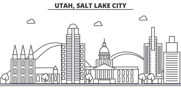 犹他州盐湖城建筑线天际线图。线性向量的景观，如著名的地标，市内的旅游景点，设计图标。景观与可编辑笔触