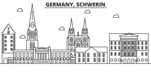 德国什未林建筑线天际线图。线性向量的景观，如著名的地标，市内的旅游景点，设计图标。景观与可编辑笔触