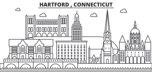 康涅狄格州哈特福德建筑线天际线图。线性向量的景观，如著名的地标，市内的旅游景点，设计图标。景观与可编辑笔触