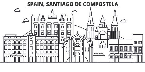 西班牙圣地亚哥德孔波斯特拉建筑线天际线图。线性向量的景观，如著名的地标，市内的旅游景点，设计图标。景观与可编辑笔触