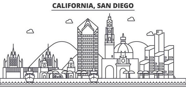 加州圣地亚哥建筑线天际线图。线性向量的景观，如著名的地标，市内的旅游景点，设计图标。景观与可编辑笔触