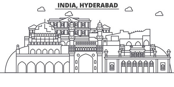印度海德拉巴建筑线天际线图。线性向量的景观，如著名的地标，市内的旅游景点，设计图标。景观与可编辑笔触