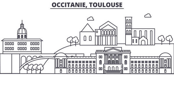 法国图卢兹建筑线天际线图。线性向量的景观，如著名的地标，市内的旅游景点，设计图标。景观与可编辑笔触