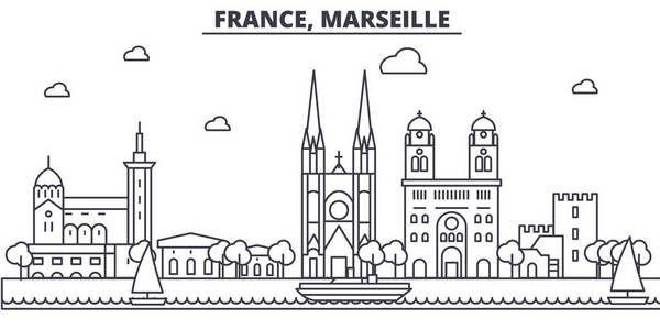 法国，马赛建筑线天际线图。线性向量的景观，如著名的地标，市内的旅游景点，设计图标。景观与可编辑笔触