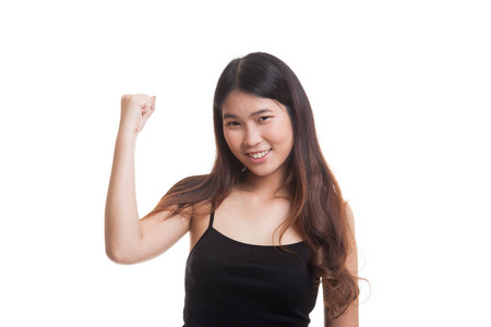 成功的年轻亚洲女人抓住拳头了