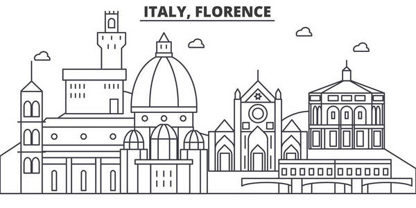 意大利，佛罗伦萨建筑线天际线图。线性向量的景观，如著名的地标，市内的旅游景点，设计图标。景观与可编辑笔触