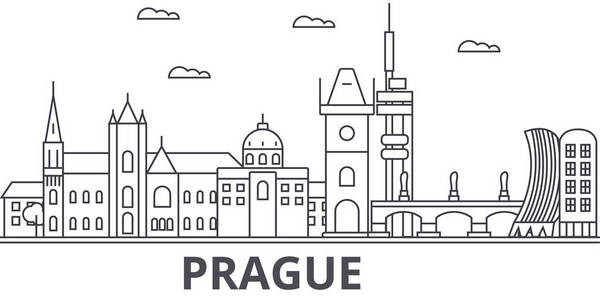 布拉格建筑线天际线图。线性向量的景观，如著名的地标，市内的旅游景点，设计图标。景观与可编辑笔触
