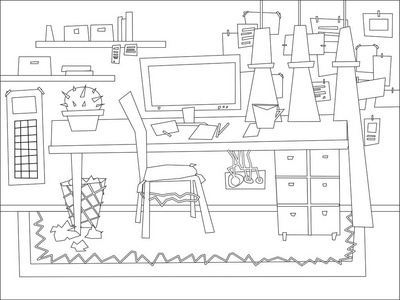 卡通平面室内工作室着色矢量图示
