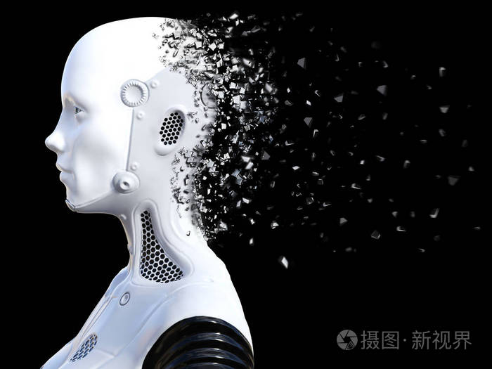 3d渲染的粉碎了的女机器人头